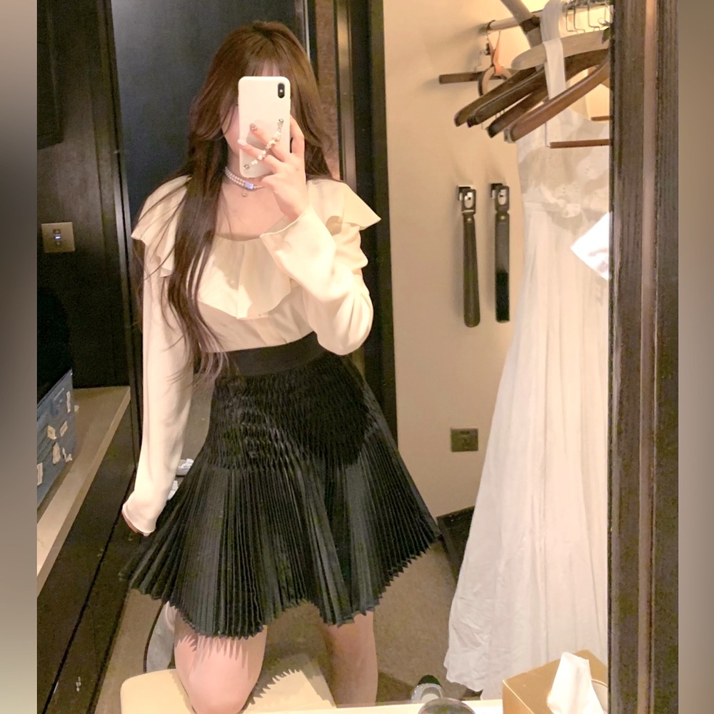 High Waisted Smocked Pleated Mini/Midi Skirt Black Flare A Line Skater Skirt